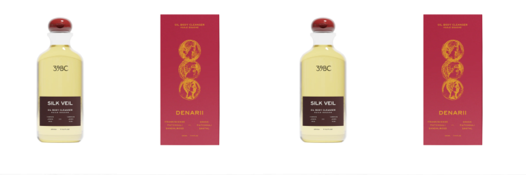 39BC Silk Veil oil body cleanser and Denarii packaging