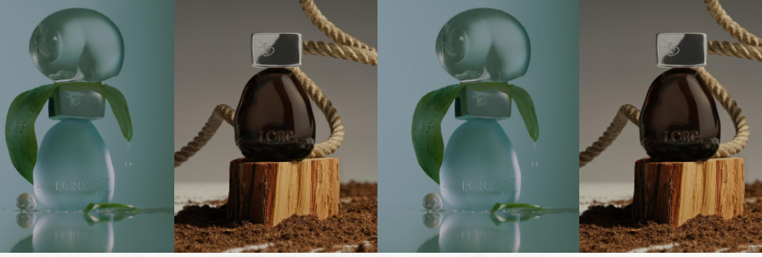 Lore fragrance bottles staged on wood and soil with green leaves and rope