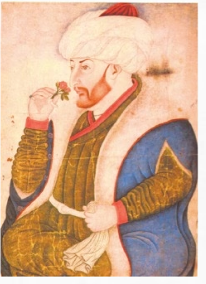 Persian miniature of a seated figure raising a single rose to his face