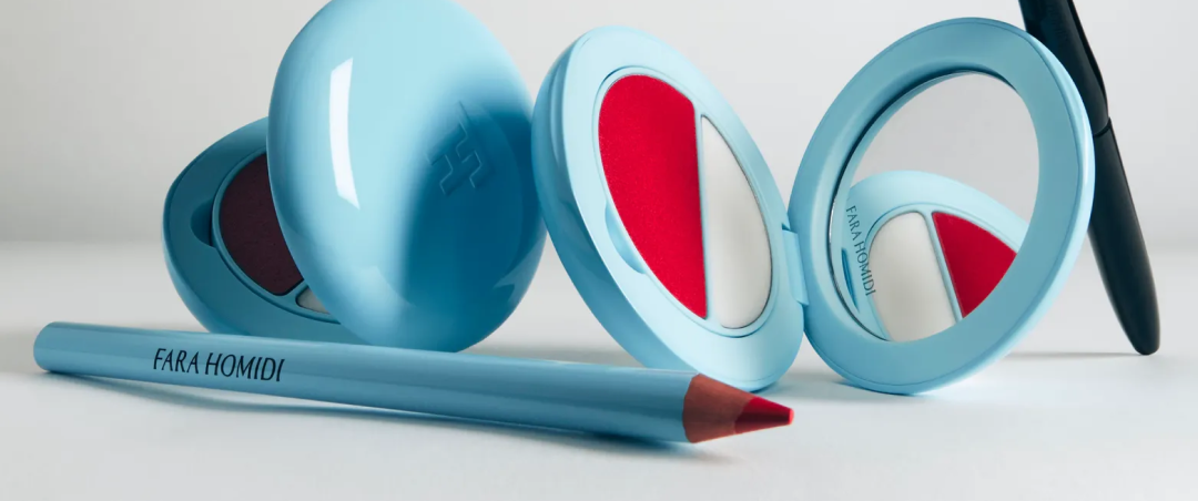 Fara Homidi baby-blue glossy egg-like compacts and pencil