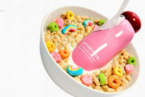 Glossier-pink bottle dropped into a bowl of cereal