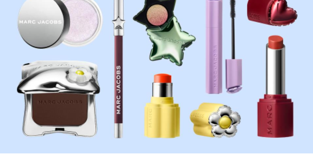 A spread of toy-like Marc Jacobs beauty objects on baby blue